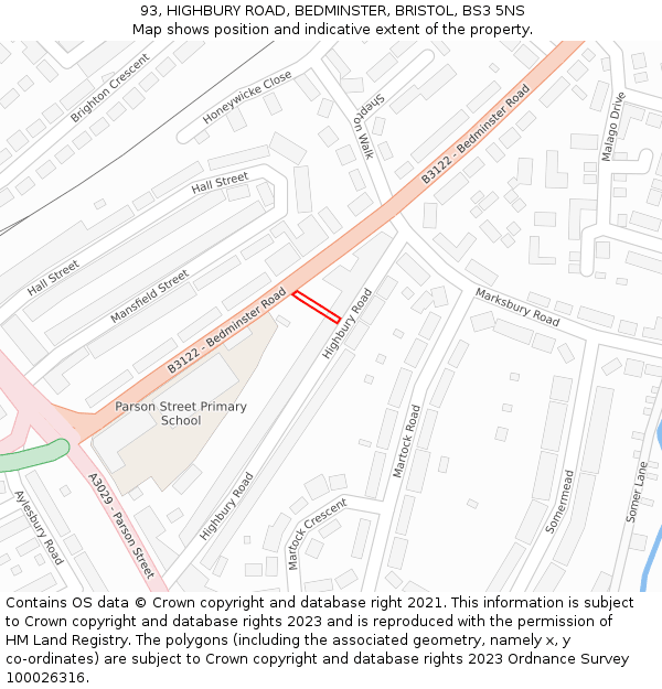 93, HIGHBURY ROAD, BEDMINSTER, BRISTOL, BS3 5NS: Location map and indicative extent of plot