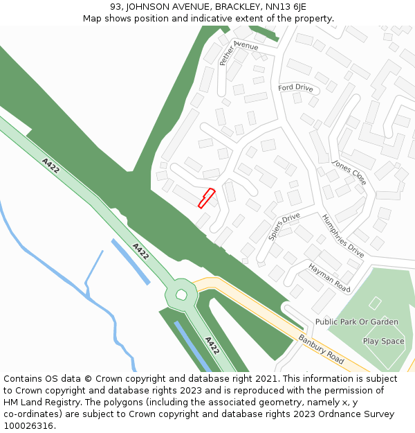 93, JOHNSON AVENUE, BRACKLEY, NN13 6JE: Location map and indicative extent of plot