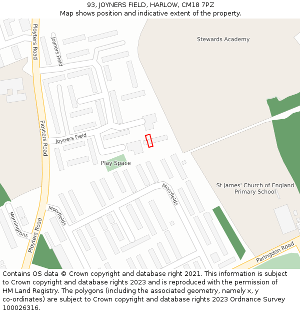 93, JOYNERS FIELD, HARLOW, CM18 7PZ: Location map and indicative extent of plot