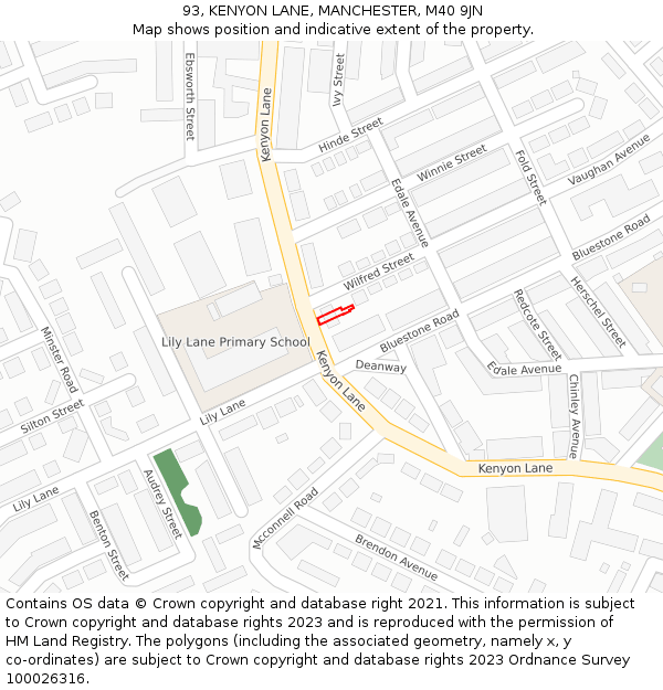 93, KENYON LANE, MANCHESTER, M40 9JN: Location map and indicative extent of plot