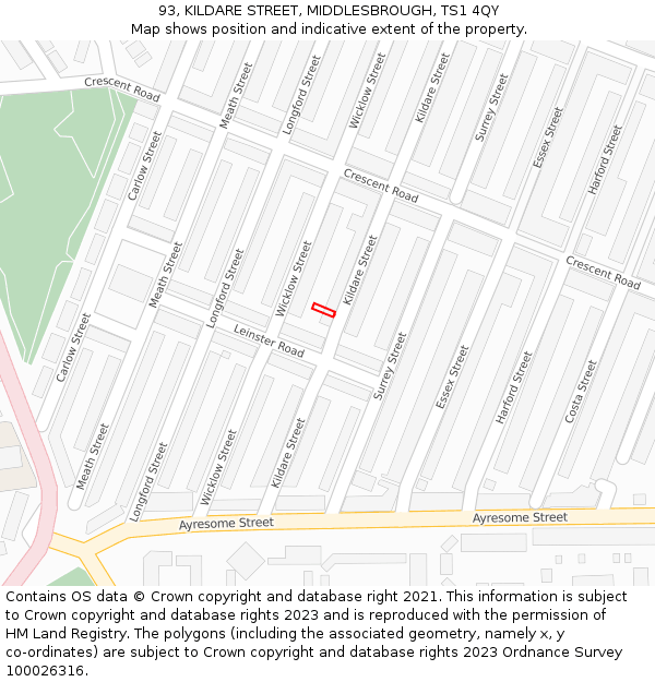 93, KILDARE STREET, MIDDLESBROUGH, TS1 4QY: Location map and indicative extent of plot