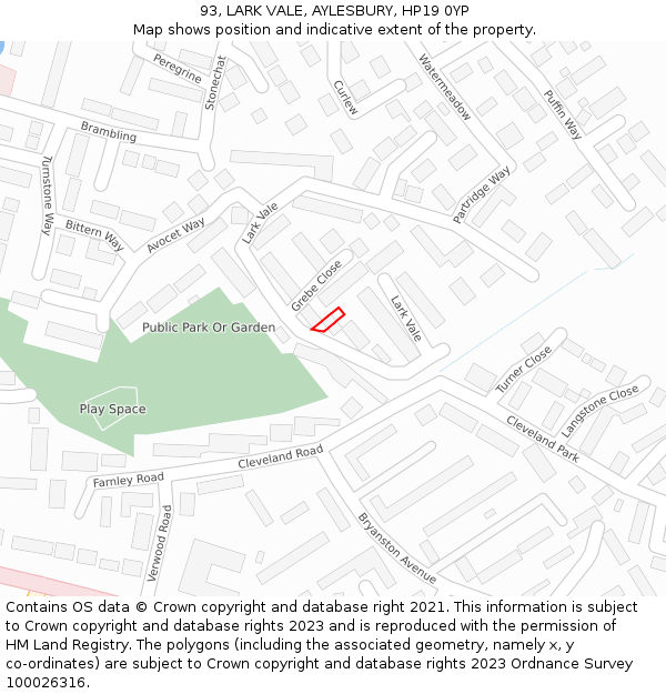 93, LARK VALE, AYLESBURY, HP19 0YP: Location map and indicative extent of plot