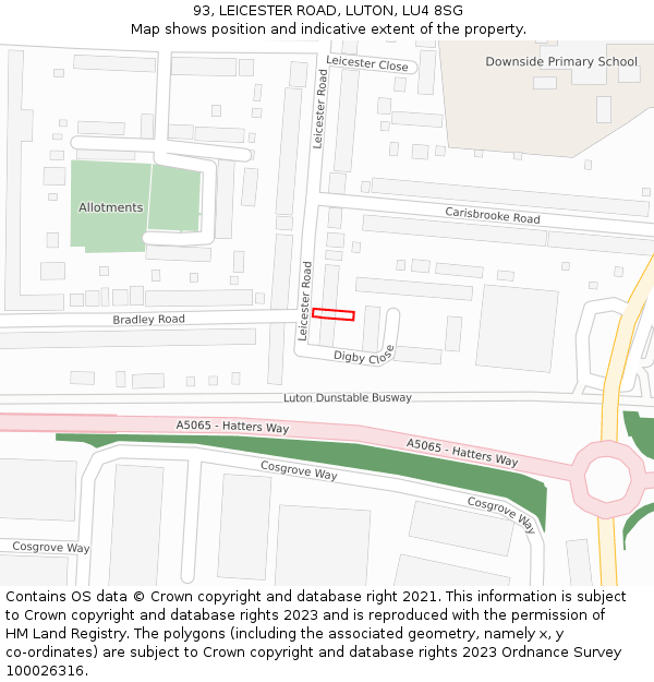 93, LEICESTER ROAD, LUTON, LU4 8SG: Location map and indicative extent of plot