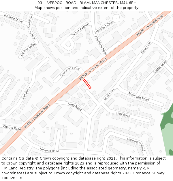 93, LIVERPOOL ROAD, IRLAM, MANCHESTER, M44 6EH: Location map and indicative extent of plot
