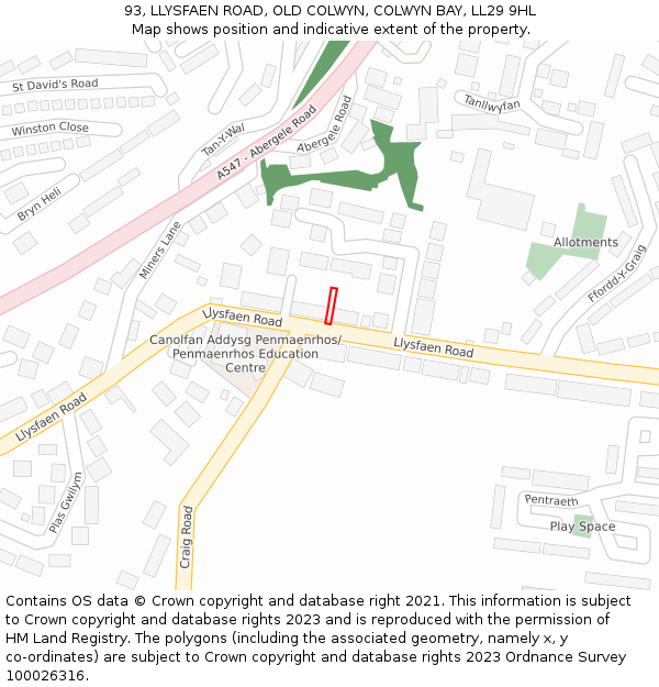 93, LLYSFAEN ROAD, OLD COLWYN, COLWYN BAY, LL29 9HL: Location map and indicative extent of plot