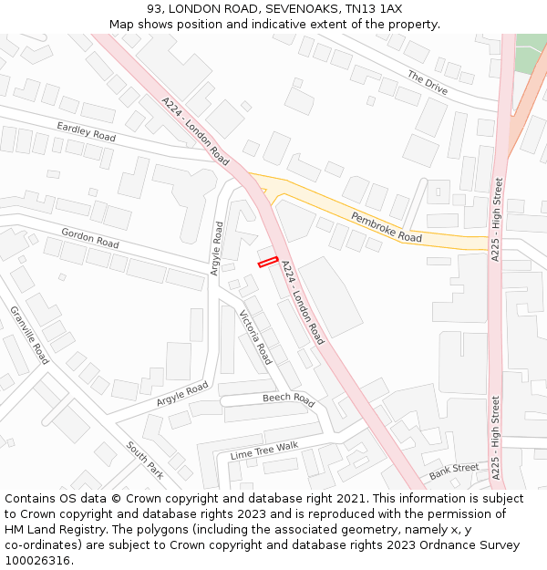 93, LONDON ROAD, SEVENOAKS, TN13 1AX: Location map and indicative extent of plot