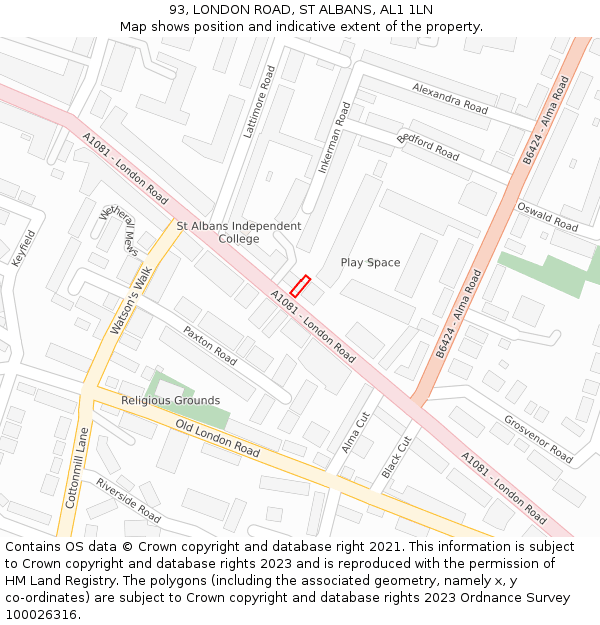 93, LONDON ROAD, ST ALBANS, AL1 1LN: Location map and indicative extent of plot