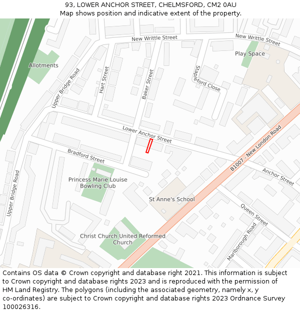 93, LOWER ANCHOR STREET, CHELMSFORD, CM2 0AU: Location map and indicative extent of plot