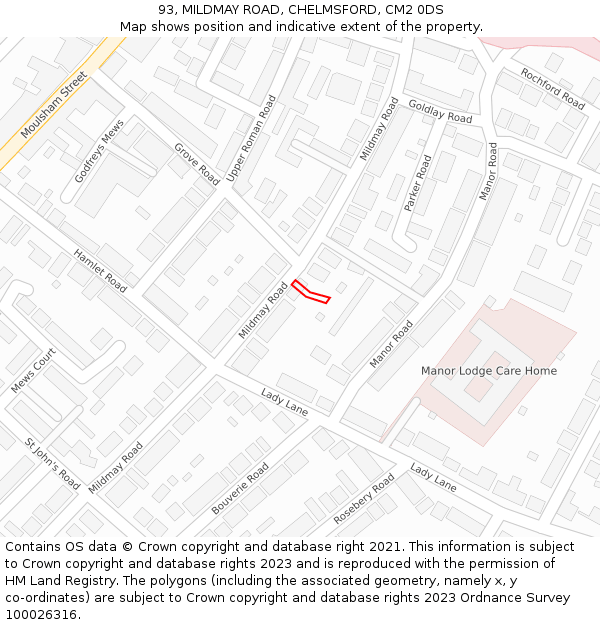 93, MILDMAY ROAD, CHELMSFORD, CM2 0DS: Location map and indicative extent of plot