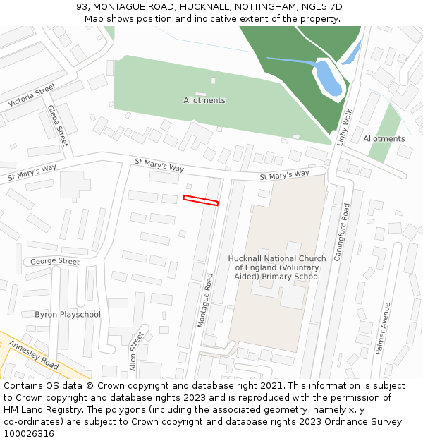 93, MONTAGUE ROAD, HUCKNALL, NOTTINGHAM, NG15 7DT: Location map and indicative extent of plot