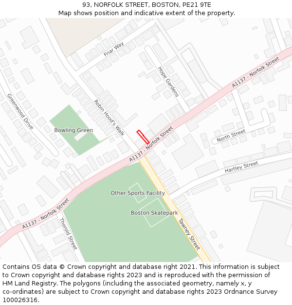 93, NORFOLK STREET, BOSTON, PE21 9TE: Location map and indicative extent of plot