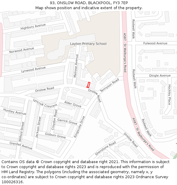93, ONSLOW ROAD, BLACKPOOL, FY3 7EP: Location map and indicative extent of plot