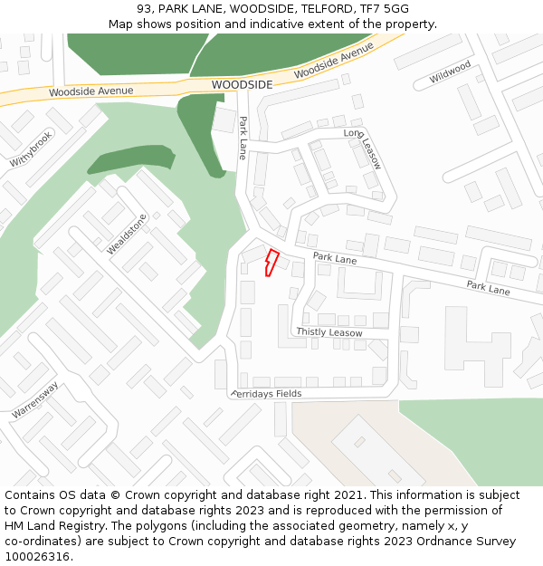 93, PARK LANE, WOODSIDE, TELFORD, TF7 5GG: Location map and indicative extent of plot