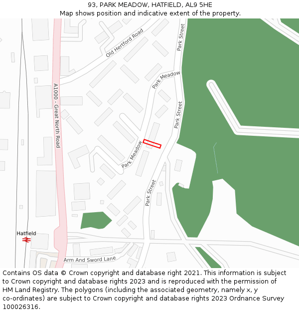 93, PARK MEADOW, HATFIELD, AL9 5HE: Location map and indicative extent of plot