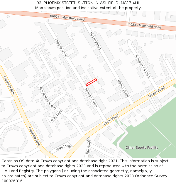 93, PHOENIX STREET, SUTTON-IN-ASHFIELD, NG17 4HL: Location map and indicative extent of plot