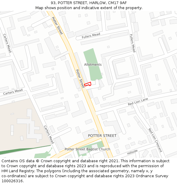 93, POTTER STREET, HARLOW, CM17 9AF: Location map and indicative extent of plot