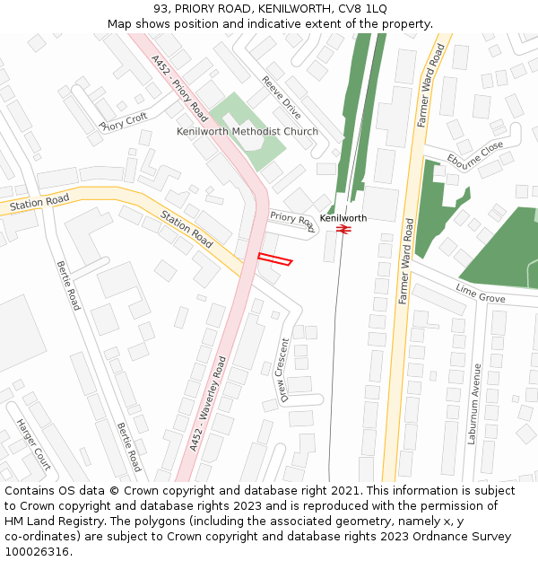 93, PRIORY ROAD, KENILWORTH, CV8 1LQ: Location map and indicative extent of plot