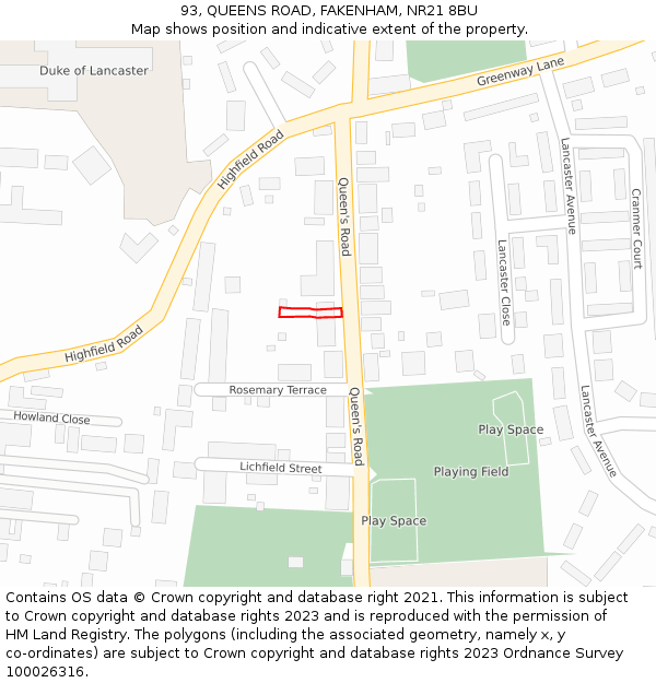 93, QUEENS ROAD, FAKENHAM, NR21 8BU: Location map and indicative extent of plot