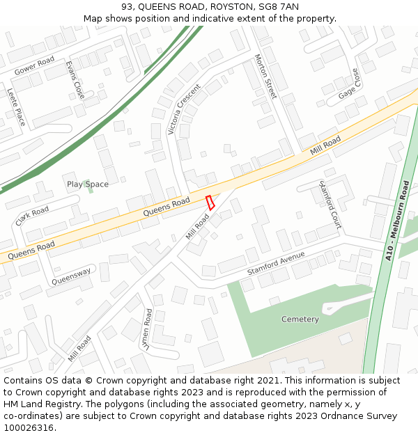 93, QUEENS ROAD, ROYSTON, SG8 7AN: Location map and indicative extent of plot