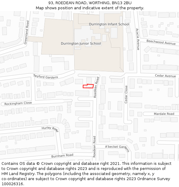 93, ROEDEAN ROAD, WORTHING, BN13 2BU: Location map and indicative extent of plot