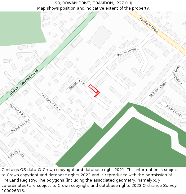 93, ROWAN DRIVE, BRANDON, IP27 0HJ: Location map and indicative extent of plot