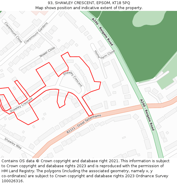 93, SHAWLEY CRESCENT, EPSOM, KT18 5PQ: Location map and indicative extent of plot