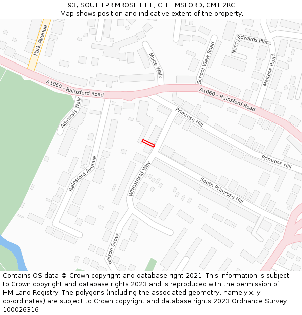 93, SOUTH PRIMROSE HILL, CHELMSFORD, CM1 2RG: Location map and indicative extent of plot