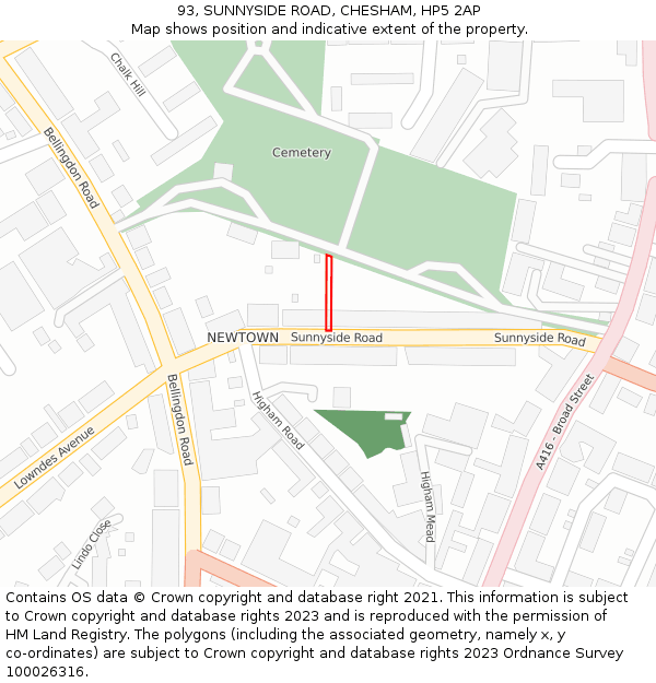 93, SUNNYSIDE ROAD, CHESHAM, HP5 2AP: Location map and indicative extent of plot