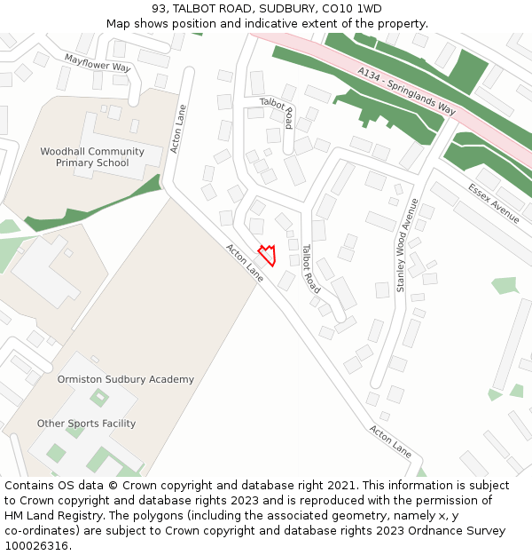 93, TALBOT ROAD, SUDBURY, CO10 1WD: Location map and indicative extent of plot