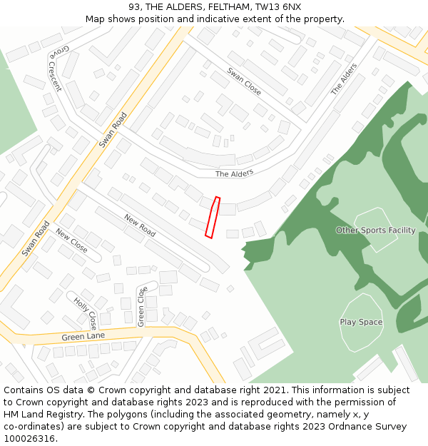 93, THE ALDERS, FELTHAM, TW13 6NX: Location map and indicative extent of plot