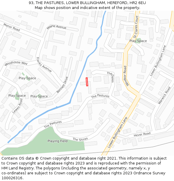93, THE PASTURES, LOWER BULLINGHAM, HEREFORD, HR2 6EU: Location map and indicative extent of plot