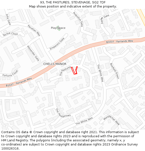 93, THE PASTURES, STEVENAGE, SG2 7DF: Location map and indicative extent of plot