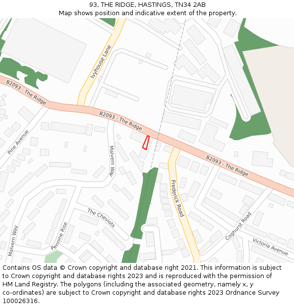 93, THE RIDGE, HASTINGS, TN34 2AB: Location map and indicative extent of plot