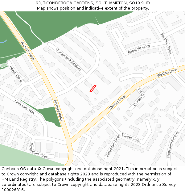 93, TICONDEROGA GARDENS, SOUTHAMPTON, SO19 9HD: Location map and indicative extent of plot