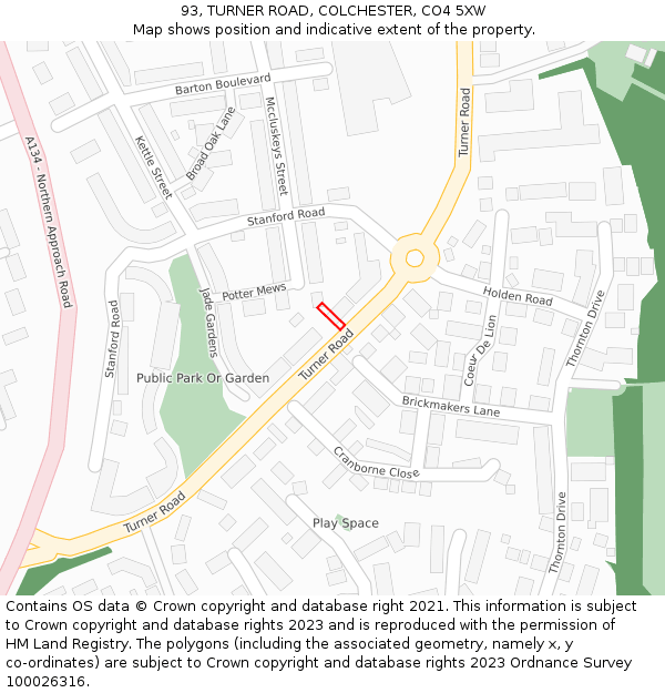 93, TURNER ROAD, COLCHESTER, CO4 5XW: Location map and indicative extent of plot