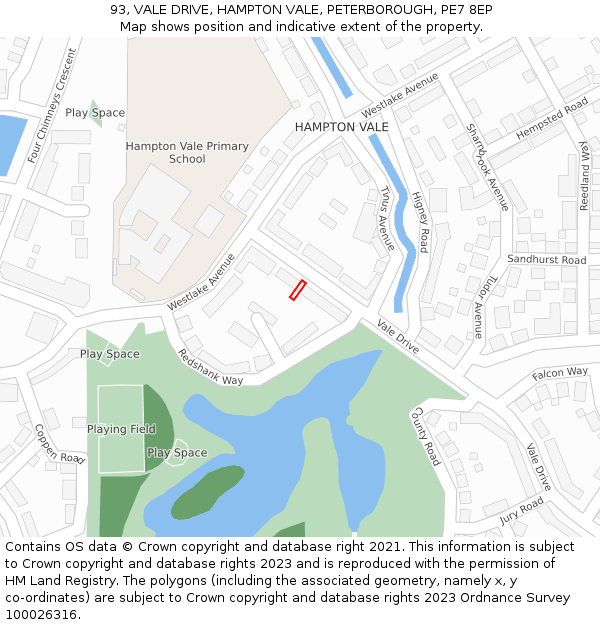 93, VALE DRIVE, HAMPTON VALE, PETERBOROUGH, PE7 8EP: Location map and indicative extent of plot