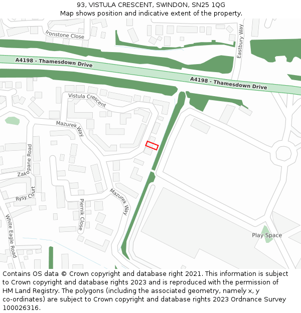 93, VISTULA CRESCENT, SWINDON, SN25 1QG: Location map and indicative extent of plot