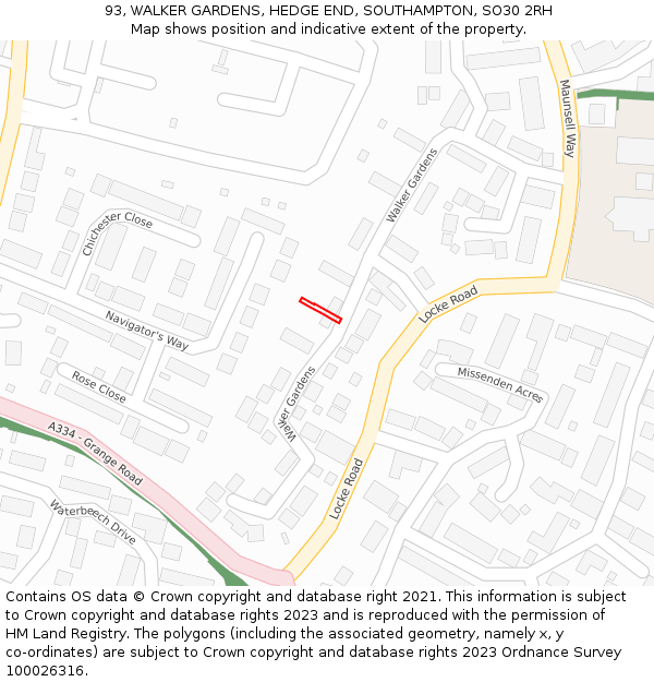 93, WALKER GARDENS, HEDGE END, SOUTHAMPTON, SO30 2RH: Location map and indicative extent of plot