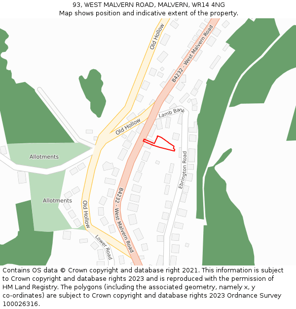 93, WEST MALVERN ROAD, MALVERN, WR14 4NG: Location map and indicative extent of plot