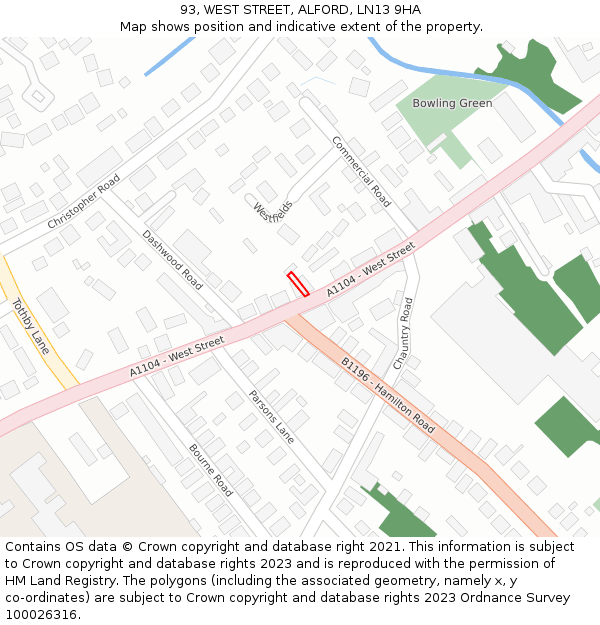 93, WEST STREET, ALFORD, LN13 9HA: Location map and indicative extent of plot