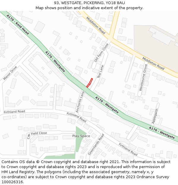 93, WESTGATE, PICKERING, YO18 8AU: Location map and indicative extent of plot