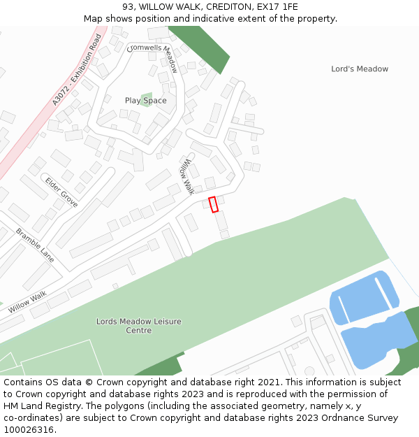 93, WILLOW WALK, CREDITON, EX17 1FE: Location map and indicative extent of plot
