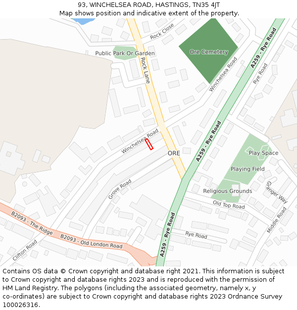 93, WINCHELSEA ROAD, HASTINGS, TN35 4JT: Location map and indicative extent of plot