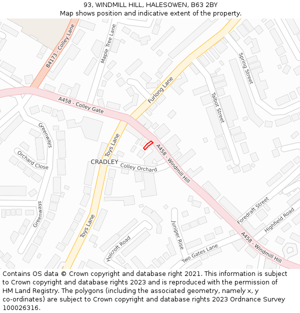 93, WINDMILL HILL, HALESOWEN, B63 2BY: Location map and indicative extent of plot