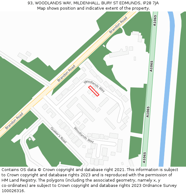 93, WOODLANDS WAY, MILDENHALL, BURY ST EDMUNDS, IP28 7JA: Location map and indicative extent of plot