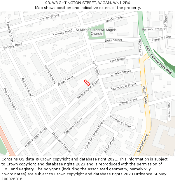 93, WRIGHTINGTON STREET, WIGAN, WN1 2BX: Location map and indicative extent of plot