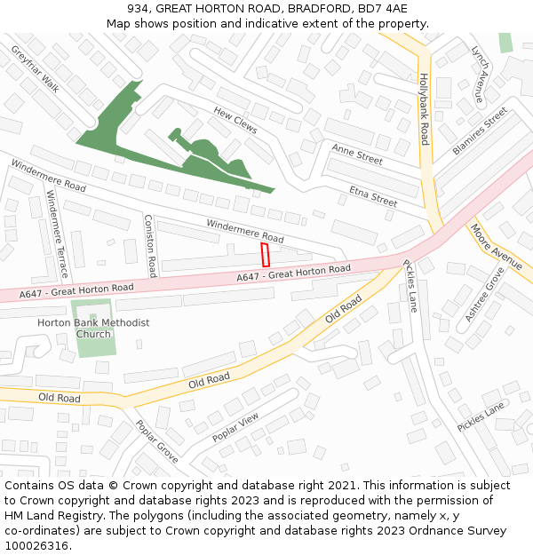934, GREAT HORTON ROAD, BRADFORD, BD7 4AE: Location map and indicative extent of plot