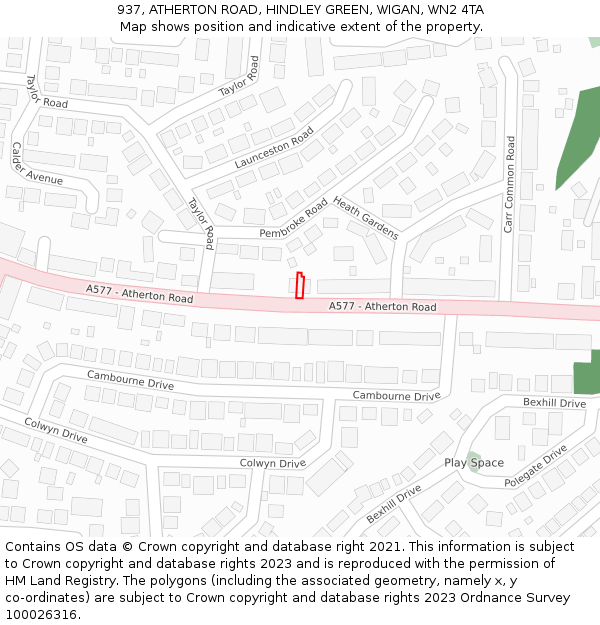 937, ATHERTON ROAD, HINDLEY GREEN, WIGAN, WN2 4TA: Location map and indicative extent of plot
