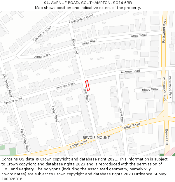 94, AVENUE ROAD, SOUTHAMPTON, SO14 6BB: Location map and indicative extent of plot