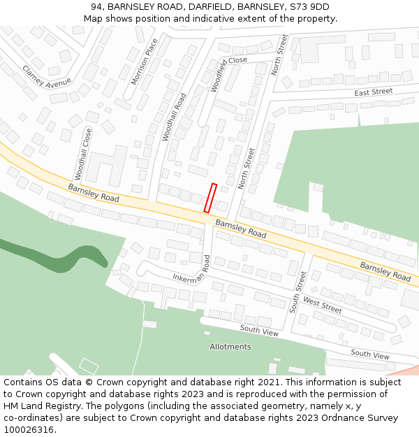 94, BARNSLEY ROAD, DARFIELD, BARNSLEY, S73 9DD: Location map and indicative extent of plot